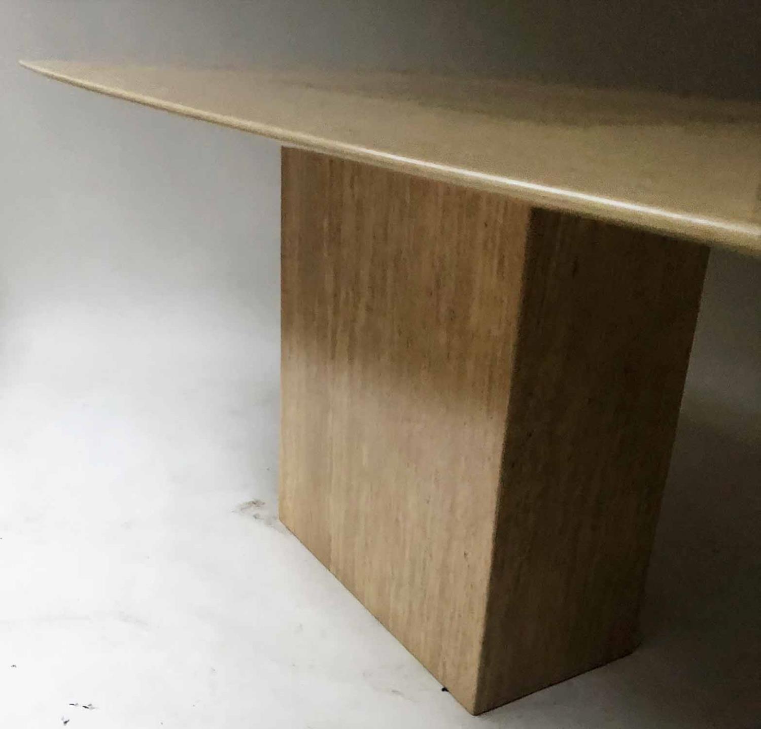 TRAVERTINE DINING TABLE, rectangular and bow sided on pillar support, 175cm x 95cm D x 77cm H. - Image 3 of 4