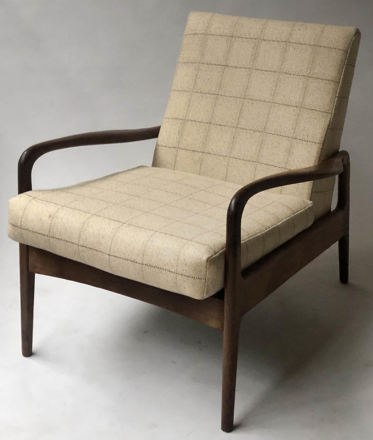 DANISH ARMCHAIR, 3rd quarter 20th century Danish teak open armchair with oatmeal check upholstery.