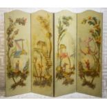 SCREEN, early 20th century, Chinoiserie painted canvas of four panels decorated with figures in a