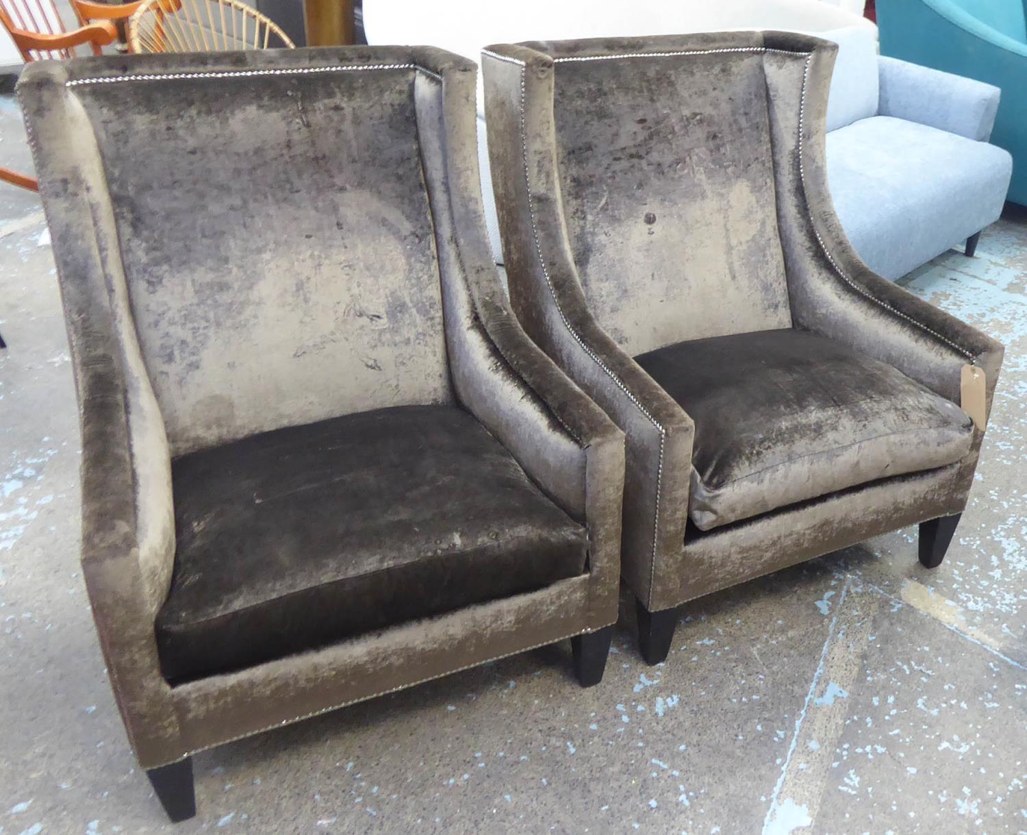 ARMCHAIRS, a pair, with brown upholstery and studded detail, 74cm W. (2) (with faults)