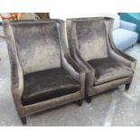 ARMCHAIRS, a pair, with brown upholstery and studded detail, 74cm W. (2) (with faults)
