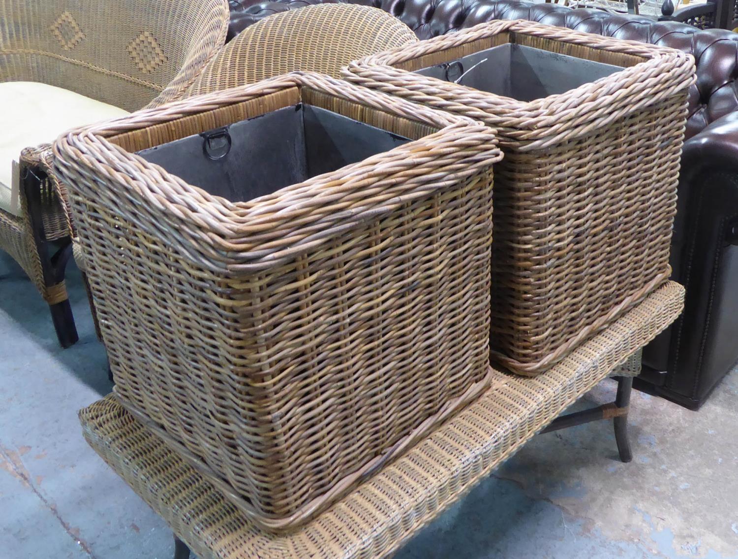 PLANTERS, a pair, contemporary wicker, with galvanised inserts, 47cm x 47cm x 47cm. (2)