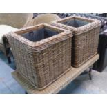 PLANTERS, a pair, contemporary wicker, with galvanised inserts, 47cm x 47cm x 47cm. (2)
