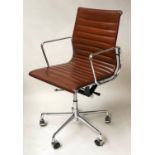 REVOLVING DESK CHAIR, Charles & Ray Eames inspired hand dyed tobacco brown ribbed leather
