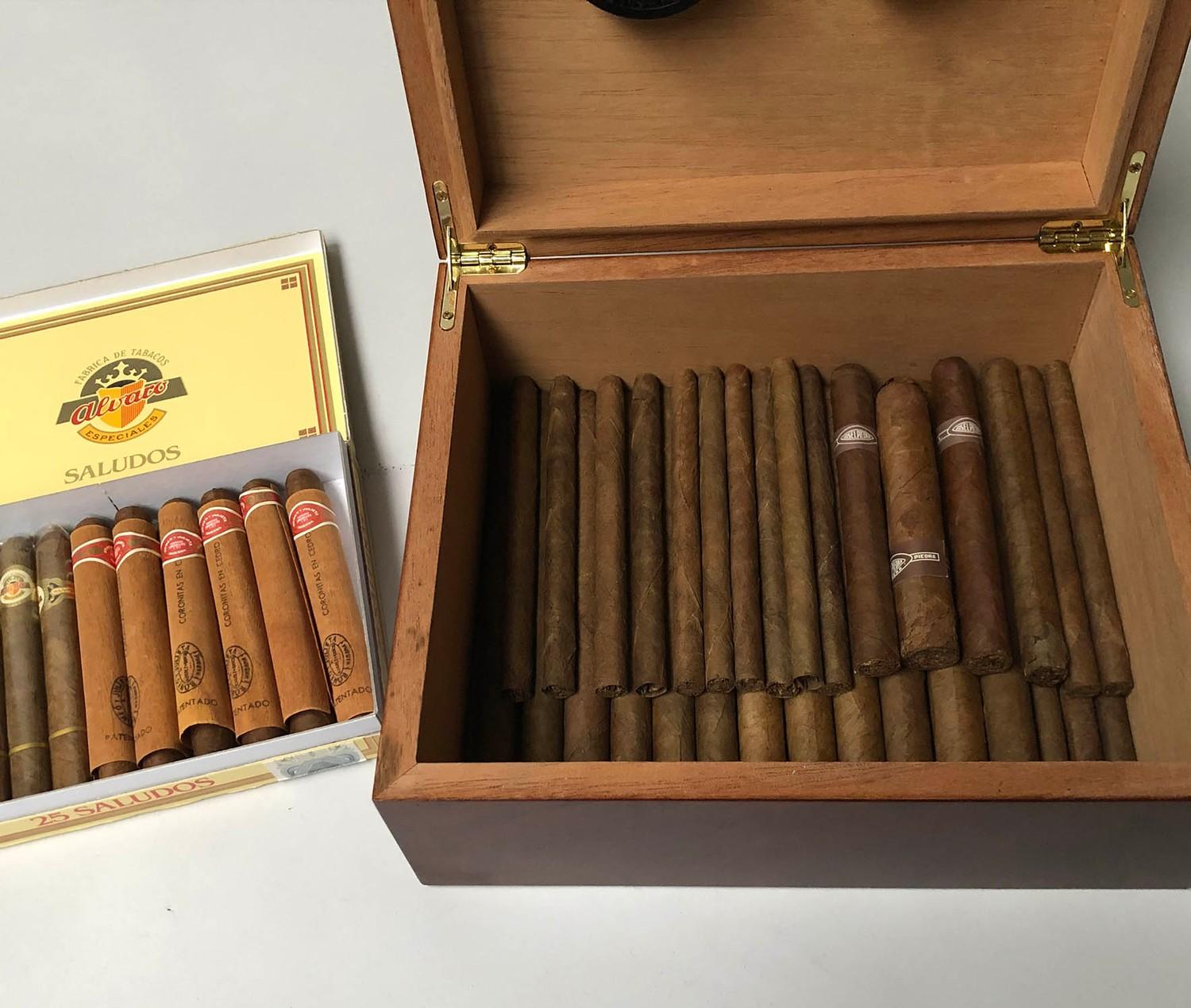 HUMIDOR, burr walnut cased together with a quantity of cigars, 26cm x 22cm x 12cm. - Image 2 of 5