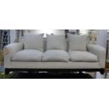 SOFA, three seater, with oatmeal upholstery and studded decoration, 220cm L x 82cm H. (a few marks