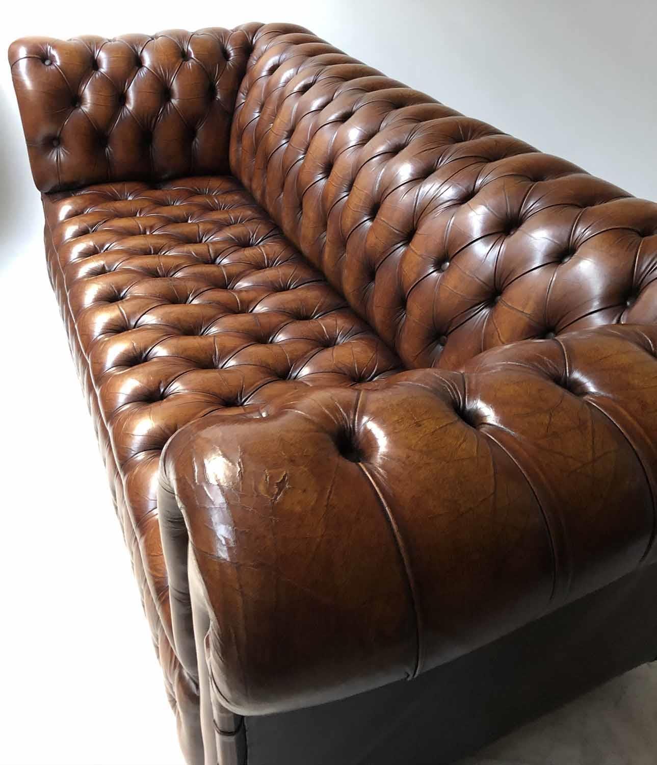 CHESTERFIELD SOFA, Victorian style hand dyed leaf brown leather with deep button upholstered back, - Image 3 of 7