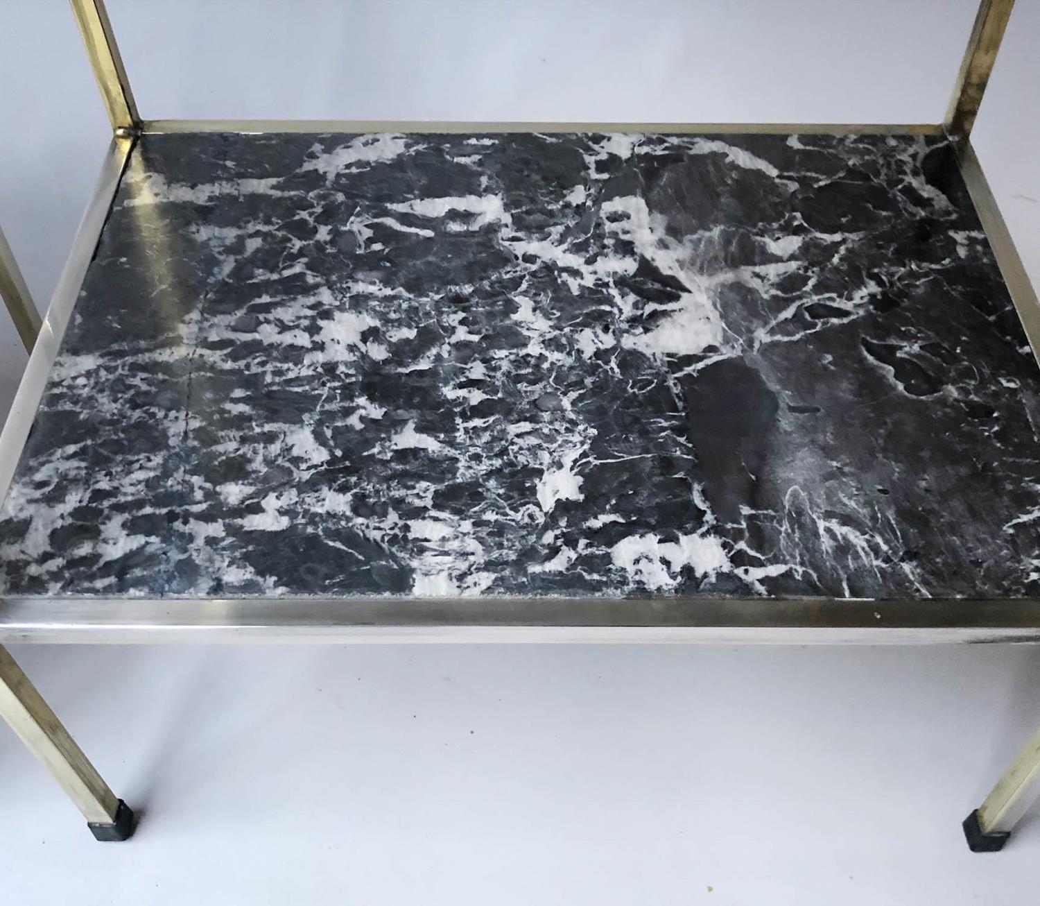 ETAGERES, a pair, silvered metal of two tiers with 'St Annes' marble shelves, 47cm x 33cm x 62cm - Image 3 of 5