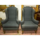 WING ARMCHAIRS, a pair, Queen Anne style, in dark grey/blue upholstery (material faded), 121cm H x