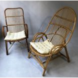 ORANGERY ARMCHAIRS, two similar, bamboo rattan and cane bound each with slatted seat and cushion,