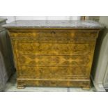 COMMODE, Louis Philippe burr walnut with grey marble top above four drawers, 104cm H x 128cm x 58cm.