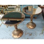 SIDE TABLES, a pair, pedestal base, gilt metal, with mirrored tops, 63cm x 52cm diam. (2)