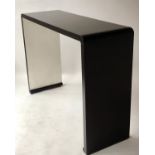 HALL CONSOLE TABLE, contemporary black lacquered arched form with silver interior, 125cm x 40cm x