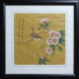 A SET OF THREE CHINESE SILK PAINTINGS, depicting Sparrows and Butterflies on Blossoming Tree