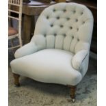 ARMCHAIR, Victorian pale blue twill upholstered with button back and turned front supports, 70cm W.