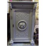 TALL SIDE CABINET, late 19th century French in a grey painted finish with a drawer and carved door