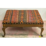 HEARTH STOOL, Georgian style mahogany with square top in red kilim, 39cm H x 95cm.