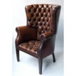 ARMCHAIR, George III design hand dyed tobacco brown leather and brass studded with bow barrel back