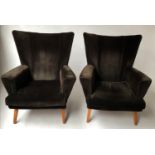 HOWARD KEITH ARMCHAIRS, a pair, 1950's with velvet upholstery and splay supports, 85cm W. (2)