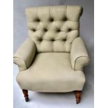 ARMCHAIR, Edwardian pico taupe cotton upholstered with button back and scroll arms, 79cm W.
