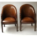 BRIDGE TUB ARMCHAIRS, a pair, hand dyed tobacco leaf brown leather with wood arms, 61cm W. (2)