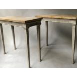 CONSOLE TABLES, a pair, Neoclassical style grey painted each with sienna marble top and fluted
