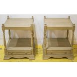 BEDSIDE TABLES, a pair, grey painted, of two square tiers and a base drawer, 60cm H x 51cm W. (2)