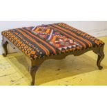 HEARTH STOOL, Georgian style mahogany and kilim upholstered, 37cm H x 95cm W x 95cm D.