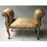 WINDOW SEAT, French Louis XV style grey parcel gilt with foliate scroll framework and scrollwork