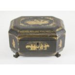 TEA CADDY, early 19th century Chinese export black lacquer and gilt decorated with engraved metal