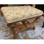 STOOL, 2nd quarter 19th century English walnut, the patterned upholstery stuffover seat on curved '