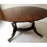 EXTENDING DINING TABLE, Regency design figured mahogany circular with five concentric leaves and