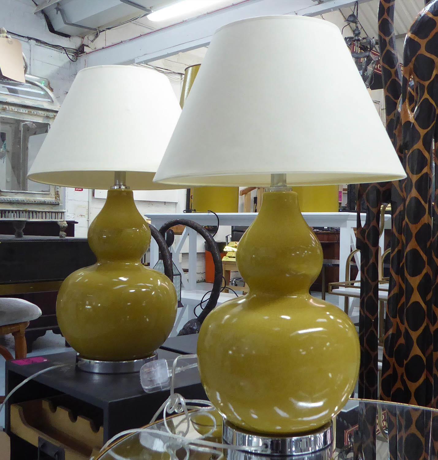 TABLE LAMPS, a pair, contemporary Gourd vase design, with shades, 66cm H. (2)