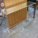 CONSOLE TABLE, gilt metal with glass top, 102cm x 27cm x 77cm.