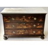 CHINOISERIE COMMODE, 18th century English with white marble top, three long drawers, bun supports