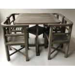 GARDEN TABLE AND FOUR CHAIRS, weathered teak after a design of Heals of London, table 71cm H x 83cm.