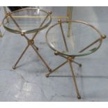 SIDE TABLES, a pair, 1960's French style gilt metal with circular glass tops on tripod bases. (2)