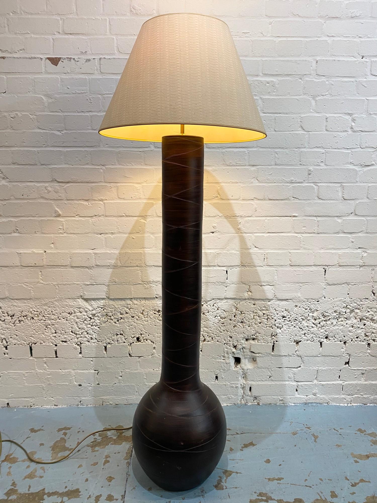 FLOOR LAMP, vintage terracotta gourd form with carved decoration and shade, 160cm H.