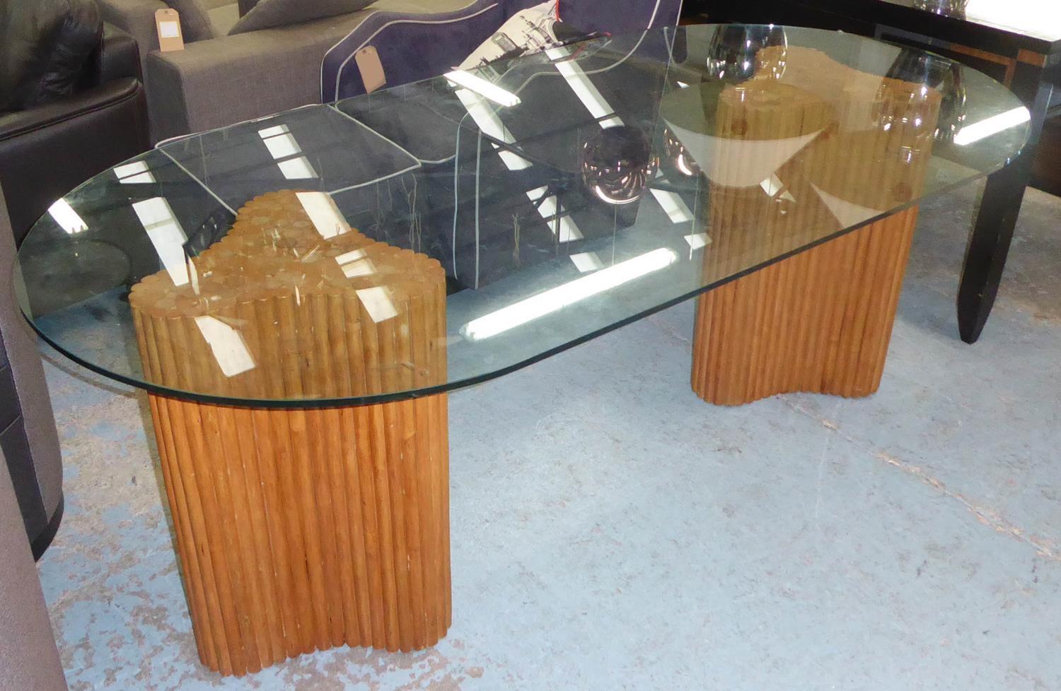 DINING TABLE, contemporary, twin pedestal bamboo design, glass top, 200cm x 100cm x 71cm.