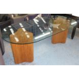 DINING TABLE, contemporary, twin pedestal bamboo design, glass top, 200cm x 100cm x 71cm.