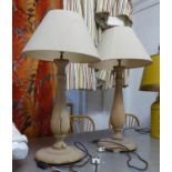 SIDE LAMPS, a pair, turned wood, overall 81cm H including shades. (2)