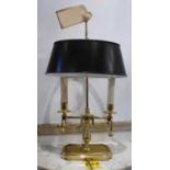 BOUILLOTTE STYLE LAMP, gilt metal, two branch, with green metal shade, 33cm W x 58cm H.