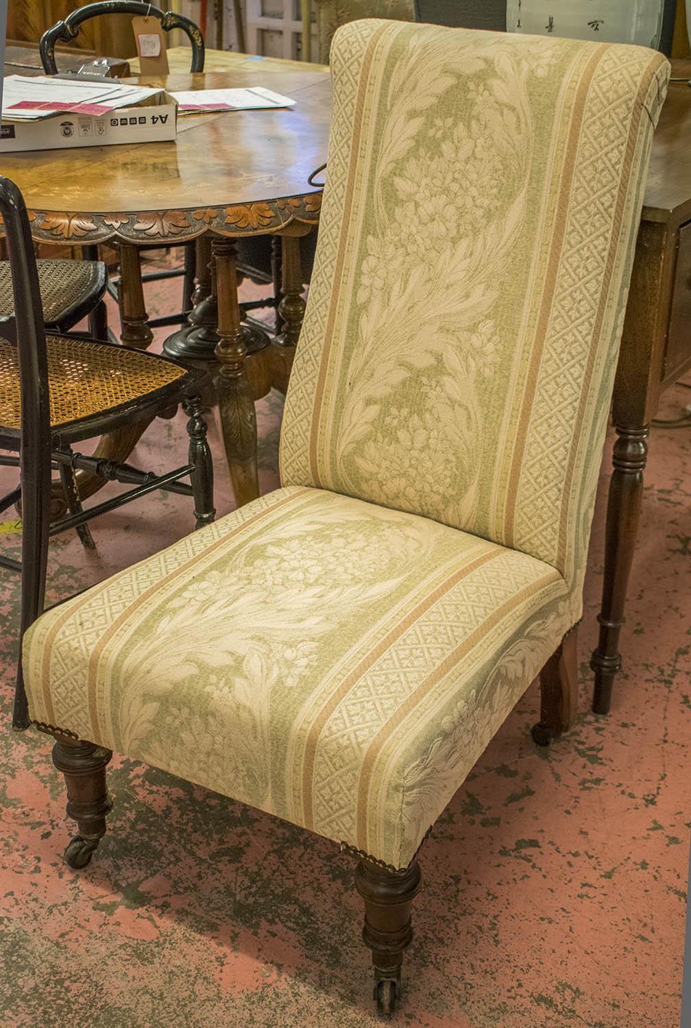 NURSING CHAIR, Victorian oak in pale floral and striped fabric, 95cm H x 52cm.