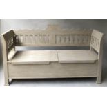 SETTLE, vintage Scandinavian style grey painted with pierced back and twin lift up seats, 172cm W.