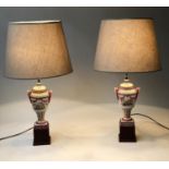 LAMPS, a pair, Dutch style tin glazed purple, yellow and green ceramic of Neoclassical vase form