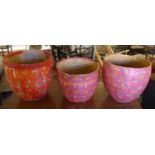 PAPIER MACHE CONTAINERS, three, in vintage Chinese floral designs, the largest red 36cm H x 37cm