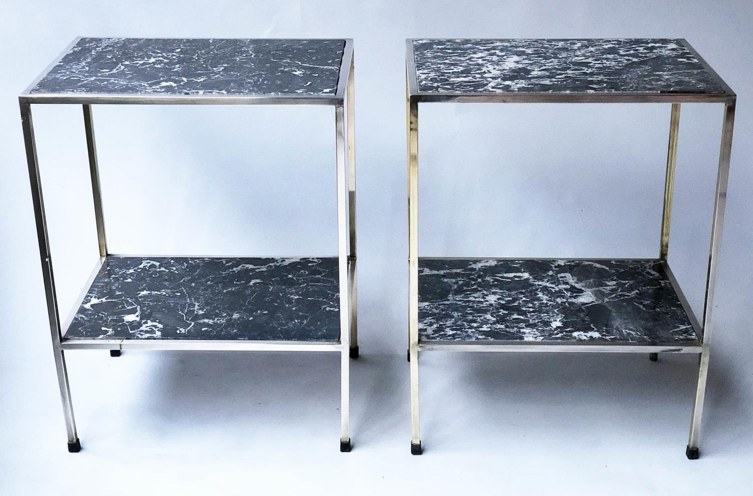 ETAGERES, a pair, silvered metal of two tiers with 'St Annes' marble shelves, 47cm x 33cm x 62cm
