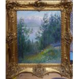 MARY PLATZ 'Lake in the Mountains', oil on canvas laid on board, signed lower left, inscribed verso,