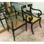 OPEN ARMCHAIR, Regency ebonised with caned seat, 54cm along with another caned and ebonised chair