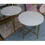 SIDE TABLES, a pair, 1960's style, white marble tops, 44.5cm x 43cm Diam approx. (2)